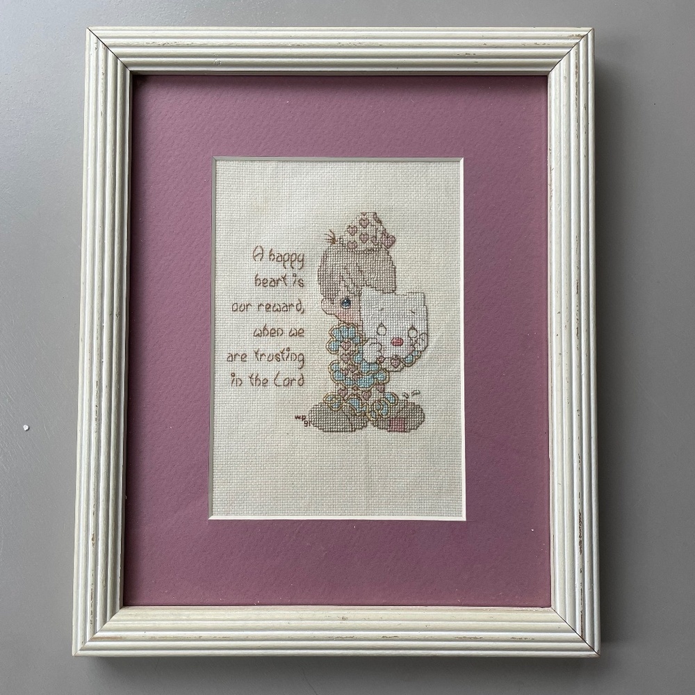 VTG Precious Moments Boy Put on a Happy Face Heart Completed Framed Cross Stitch